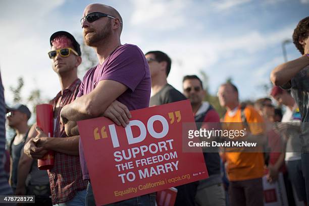 People celebrate the Supreme Court ruling on same-sex marriage on June 26, 2015 in West Hollywood, California. The Supreme Court ruled today that...