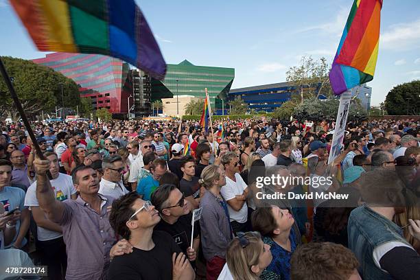 People celebrate the Supreme Court ruling on same-sex marriage on June 26, 2015 in West Hollywood, California. The Supreme Court ruled today that...