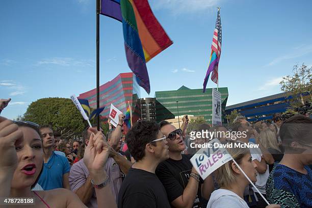 People celebrate the Supreme Court ruling on same-sex marriage on June 26, 2015 in West Hollywood, California. The Supreme Court ruled today that...