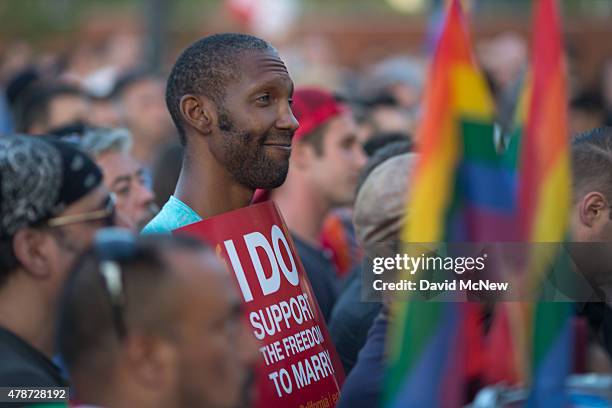 People celebrate the Supreme Court ruling on same-sex marriage on June 26, 2015 in West Hollywood, California. The Supreme Court ruled today that...