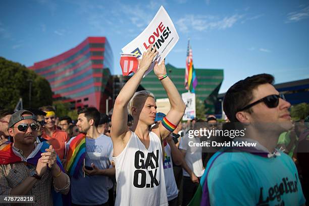 People celebrate the Supreme Court ruling on same-sex marriage on June 26, 2015 in West Hollywood, California. The Supreme Court ruled today that...