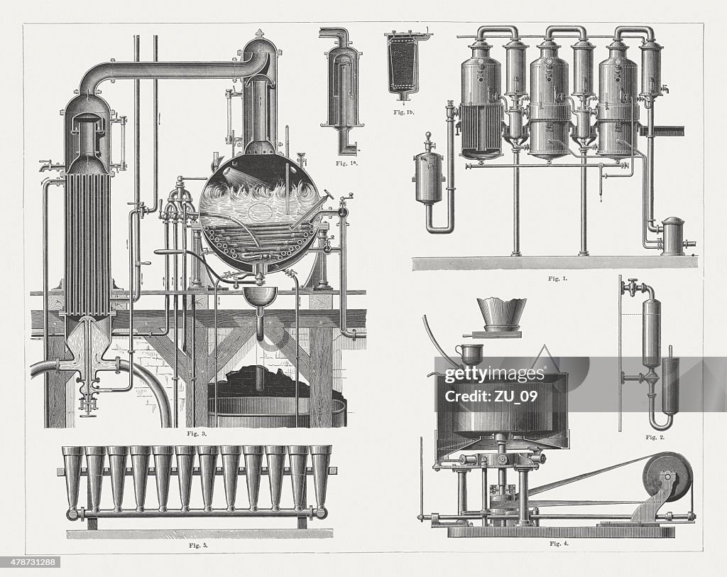 Sugar production, refinery, wood engravings, published in 1878