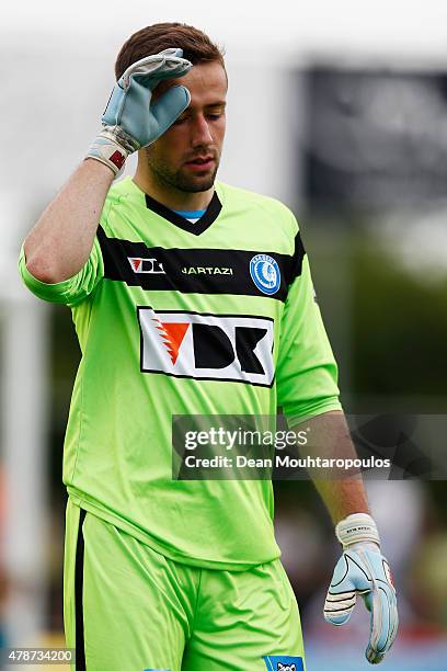 Goalkeeper, Damjan Shishkovski of KAA Gent in action during the pre season friendly match between KSV Oudenaarde and KAA Gent held at Burgemeester...