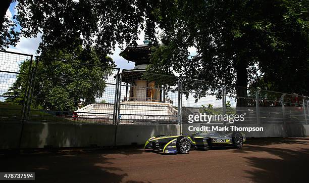 Nelson Piquet Jr of team Nextev TCR in action during the FIA Formula E Visa championship, ePrix at battersea park on June 27, 2015 in London, England.