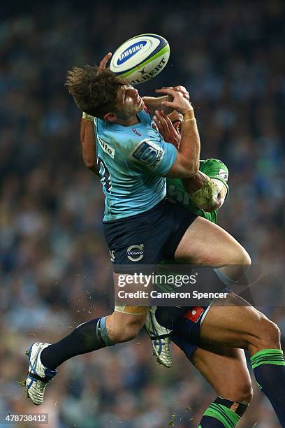 Bernard Foley of the Waratahs attempts to take a high ball during the Super Rugby Semi Final match between the Waratahs and the Highlanders at...
