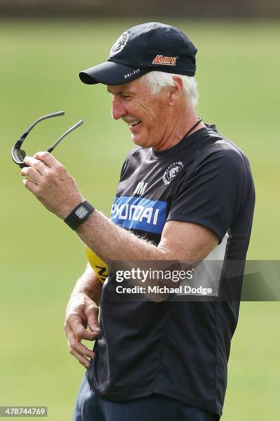 Coach Michael Malthouse reacts during a Carlton Blues AFL training session at Visy Park on March 15, 2014 in Melbourne, Australia.