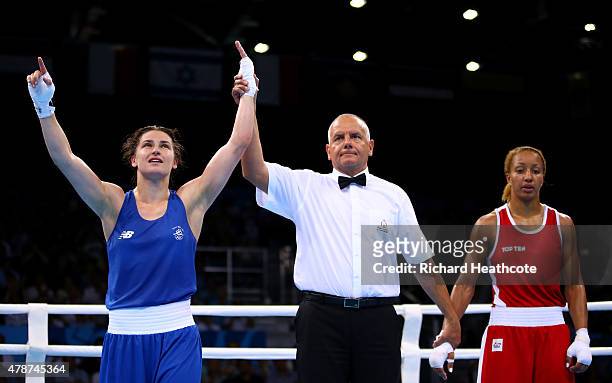Katie Taylor of Ireland celebrates victory over Estelle Mossely of France in the Women's Boxing Lightweight Final during day fifteen of the Baku 2015...