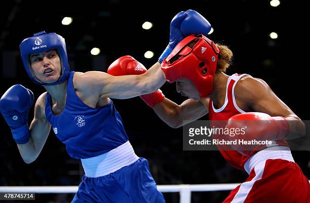 Katie Taylor of Ireland and Estelle Mossely of France compete in the Women's Boxing Lightweight Final during day fifteen of the Baku 2015 European...