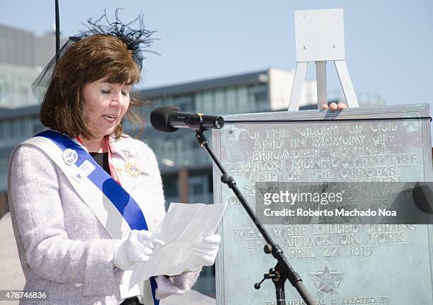 Virginia Apyar, president of The National Society United States Daughters of 1812, delivers a speech dedicating a plaque memorializing the officers,...