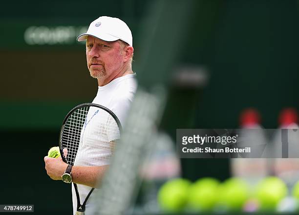 Boris Becker the coach of Novak Djokovic during a pratice session prior to the Wimbledon Lawn Tennis Championships at the All England Lawn Tennis and...
