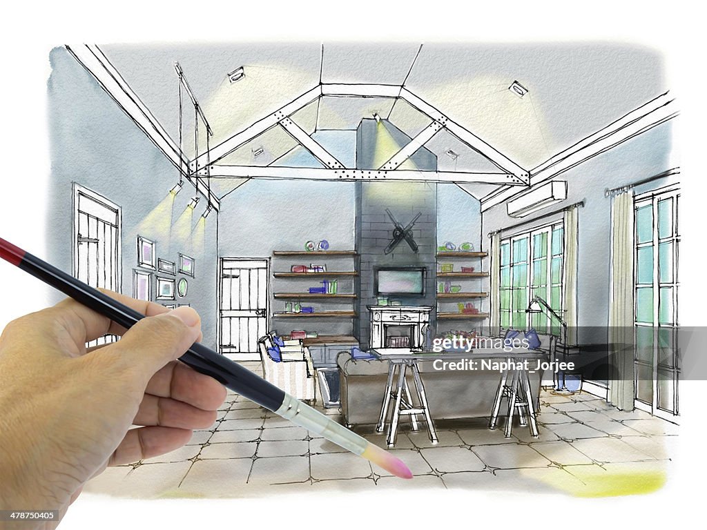 Designer's hand drawing interior perspective of coastal (cottag