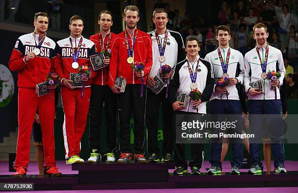 Silver medalists Vladimir Ivanov and Ivan Sozonov of Russia, gold medalists Mathias Boe and Carsten Mogensen of Denmark and bronze medalists Raphael...