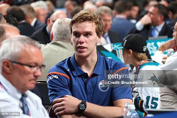 First overall pick Connor McDavid of the Edmonton Oilers looks on during the 2015 NHL Draft at BB&T Center on June 27, 2015 in Sunrise, Florida.