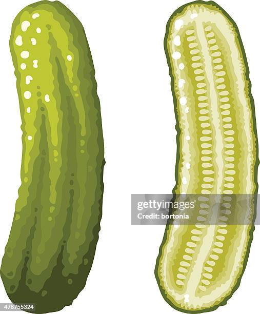 green dill pickle icons, whole and sliced - pickled stock illustrations