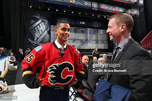 Oliver Kylington reacts after being selected 60th overall by the Calgary Flames during the 2015 NHL Draft at BB&T Center on June 27, 2015 in Sunrise,...