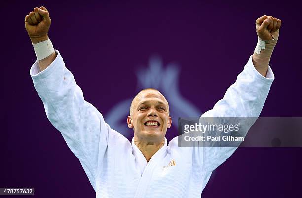 Gold medalist Henk Grol of the Netherlands stands on the podium during the medal ceremony for the Men's Judo -100kg during day fifteen of the Baku...