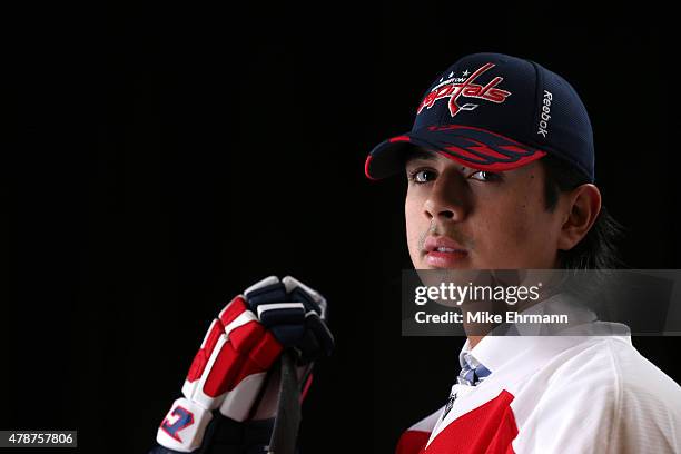 Jonas Siegenthaler poses after being selected 57th overall by the Washington Capitals during the 2015 NHL Draft at BB&T Center on June 27, 2015 in...