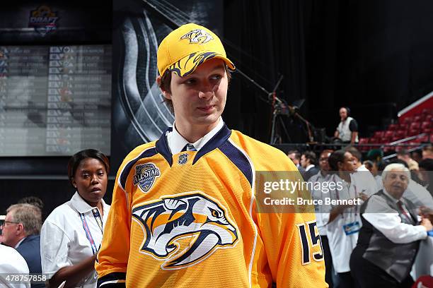 Thomas Novak reacts after being selected 85th overall by the Nashville Predators during the 2015 NHL Draft at BB&T Center on June 27, 2015 in...