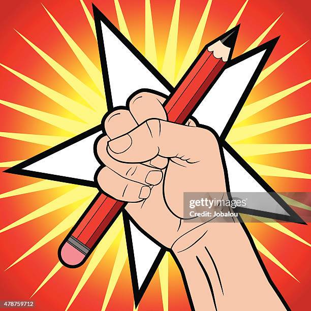 revolutionary fist holding pencil - holding pen in hand stock illustrations