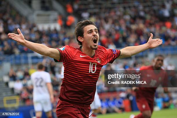 Bernardo Silva of Portugal celebrates scoring during the UEFA Under 21 European Championship 2015 semi final football match between Portugal and...