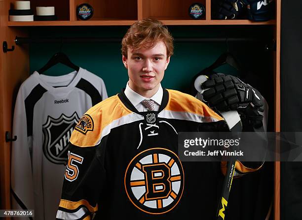 Jakob Forsbacka Karlsson poses for a portrait after being selected 45th by the Boston Bruins during the 2015 NHL Draft at BB&T Center on June 27,...