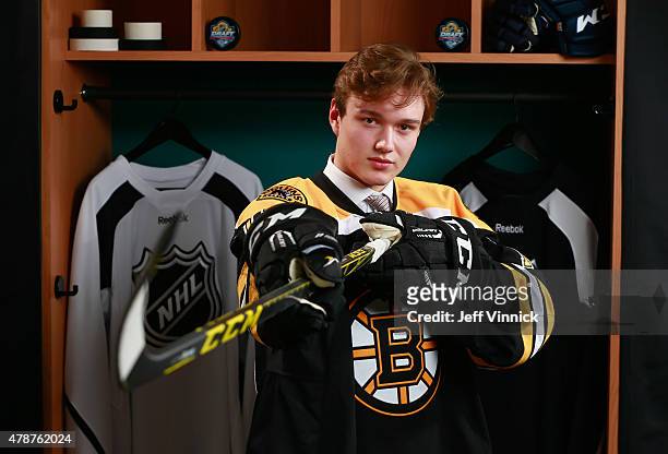 Jakob Forsbacka Karlsson poses for a portrait after being selected 45th by the Boston Bruins during the 2015 NHL Draft at BB&T Center on June 27,...