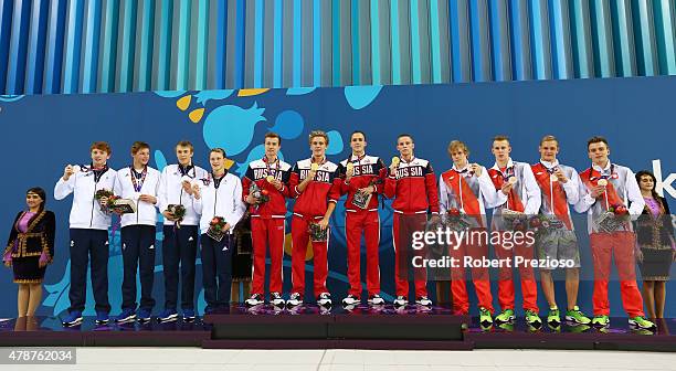 Silver medalists Martyn Walton, Duncan Scott, Charlie Attwood and Luke Greenbank of Great Britain, gold medalists Vladislav Kozlov, Daniil Pakhomov,...