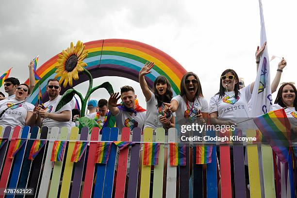 People on a float take part in the annual Gay Pride Parade on June 27, 2015 in Dublin, Ireland. Gay marriage was declared legal across the US in a...