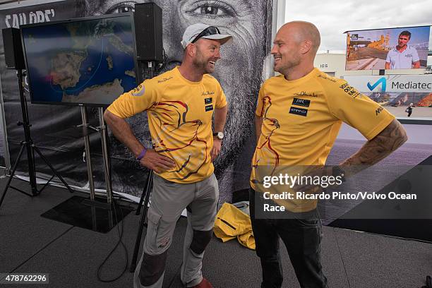 In this handout image provided by the Volvo Ocean Race, Swedish Footballer Fredrik Ljungberg with Abu Dhabi Ocean Racing's Skipper Ian Walker prior...