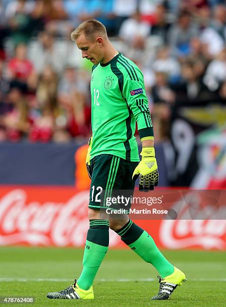 Marc Andre ter Stegen, goalkeeper of Germany looks dejected during the UEFA European Under-21 semi final match Between Portugal and Germany at Ander...