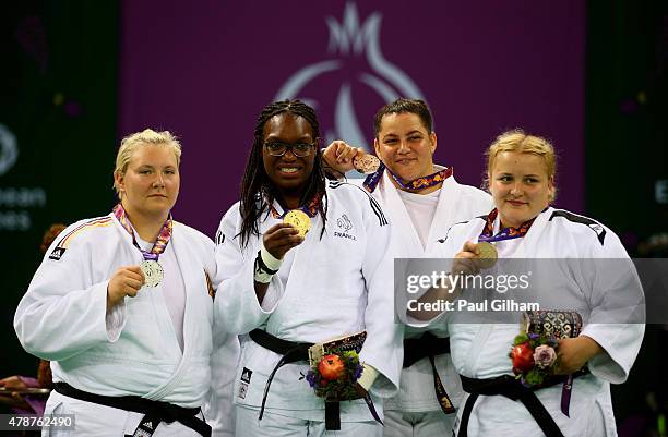 Silver medalist Jasmin Kuelbs of Germany, gold medalist Emilie Andeol of France and bronze medalists Belkis Kaya of Turkey and Svitlana Iaromka of...