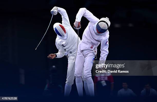 Daniel Jerent of France and Sergey Khodos of Russia compete the Men's Fencing Team Epee Final on day fifteen of the Baku 2015 European Games at the...