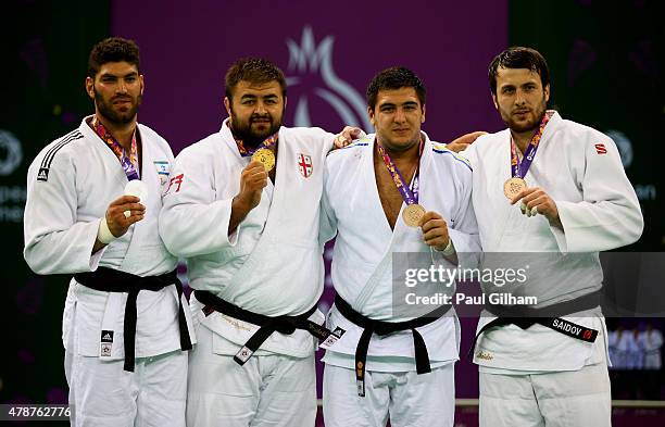 Silver medalist Or Sasson of Israel, gold medalist Adam Okruashvili of Georgia and bronze medalists Iakiv Khammo of Ukraine and Renat Saidov of...