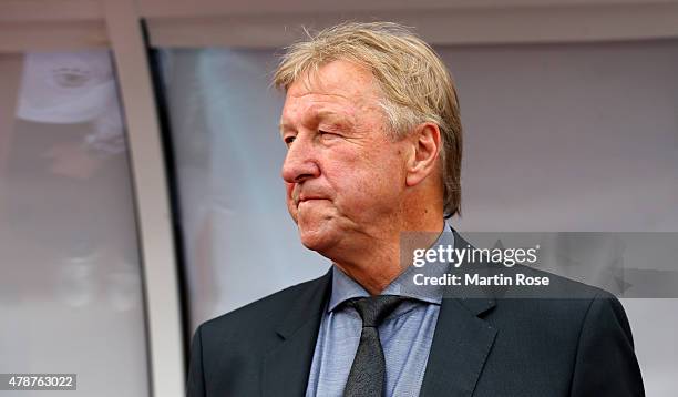 Horst Hrubesch, head coach Germany reacts before the UEFA European Under-21 semi final match Between Portugal and Germany at Ander Stadium on June...