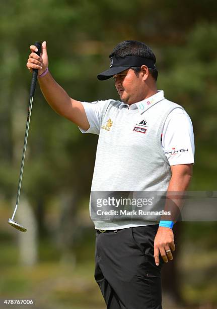Prom Meesawat of Thailand in action during the third round of the 2015 SSE Scottish Hydro Challenge at the MacDonald Spey Valley Championship Golf...