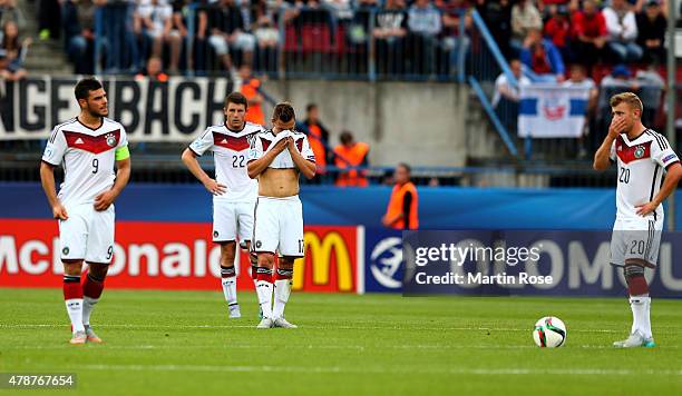 Team members of Germany look during the UEFA European Under-21 semi final match Between Portugal and Germany at Ander Stadium on June 27, 2015 in...