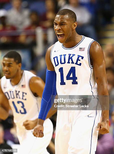 Rasheed Sulaimon of the Duke Blue Devils reacts against the Clemson Tigers during the quarterfinals of the 2014 Men's ACC Basketball Tournament at...