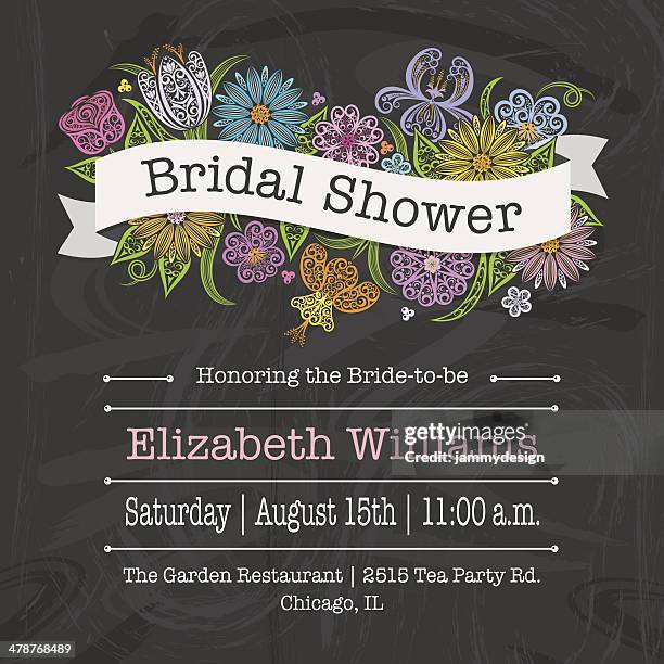 floral banner bridal shower invitation - flowers chalk drawings stock illustrations