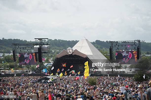 General view of the Pyramid Stage at the Glastonbury Festival at Worthy Farm, Pilton on June 27, 2015 in Glastonbury, England.