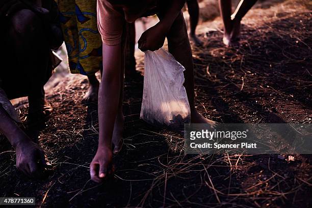 Children collect pieces of coal along the roadside on June 27, 2015 in Bujumbura, Burundi. Burundi is one of the worlds poorest countries with food...