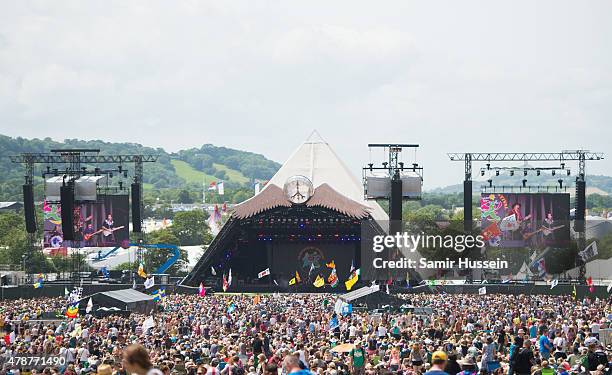 General view of the Pyramid Stage at the Glastonbury Festival at Worthy Farm, Pilton on June 27, 2015 in Glastonbury, England.