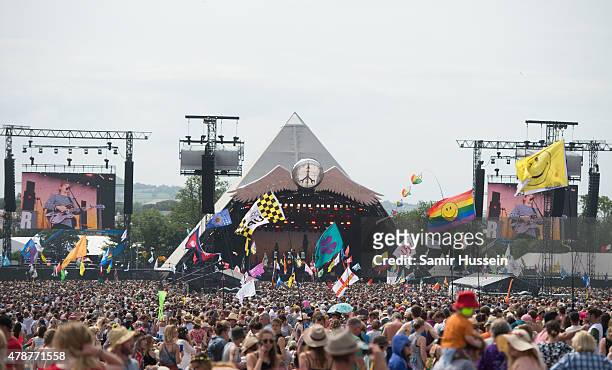 General view of the Pyramid Stage at the Glastonbury Festival at Worthy Farm, Pilton on June 27, 2015 in Glastonbury, England.