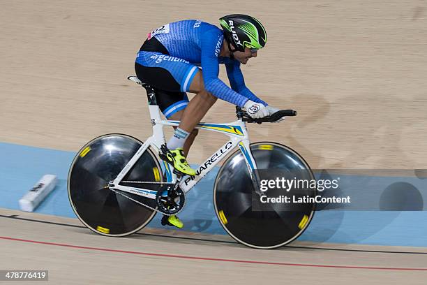 Argentinian bronze medalist Mauro Richeze competes in men's Omnium 1km Time Trial of Indoor cycling during day eight of the X South American Games...