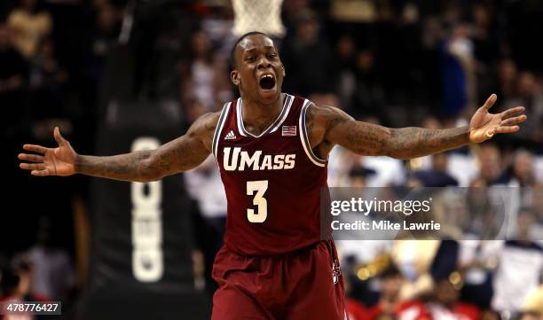 Chaz Williams of the Massachusetts Minutemen reacts to a call in the second half against the George Washington Colonials during the Quarterfinals of...