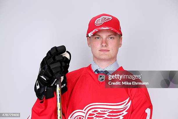 Adam Marsh poses after being selected 200th overall by the Detroit Red Wings during the 2015 NHL Draft at BB&T Center on June 27, 2015 in Sunrise,...