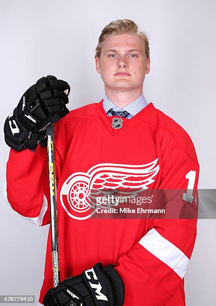 Adam Marsh poses after being selected 200th overall by the Detroit Red Wings during the 2015 NHL Draft at BB&T Center on June 27, 2015 in Sunrise,...