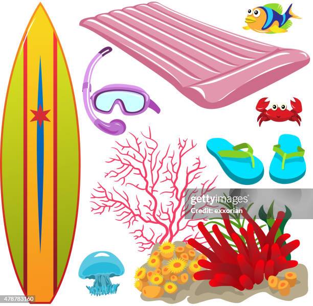 sommer meer designelemente. - schlauchboot stock-grafiken, -clipart, -cartoons und -symbole
