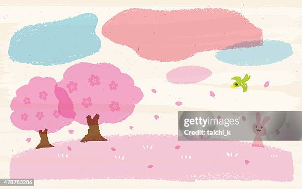 illustrations, cliparts, dessins animés et icônes de crayon pastel du printemps - arbre cerisier japonais vectoriel