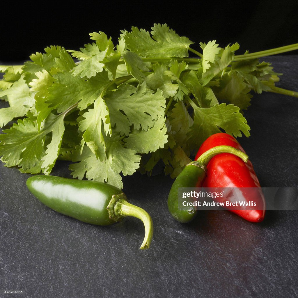 Green and red chilli peppers and coriander leaf