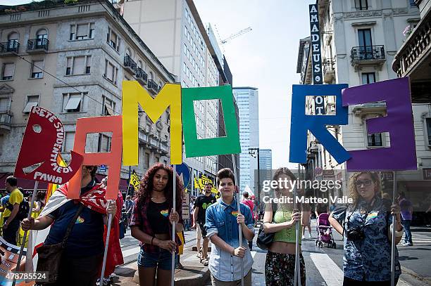 People take part in the annual Gay Pride Parade on June 27, 2015 in Milan, Italy. Gay marriage was declared legal across the US in a historic supreme...